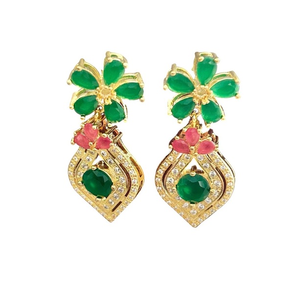 Gold, Green & Pink Statement Drop Earrings NEW! - Picture 1 of 4